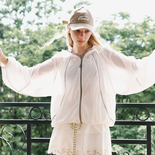 DIDDIMODA简约时尚花苞帽芽条撞色宽松版防晒外套女薄款UPF50+