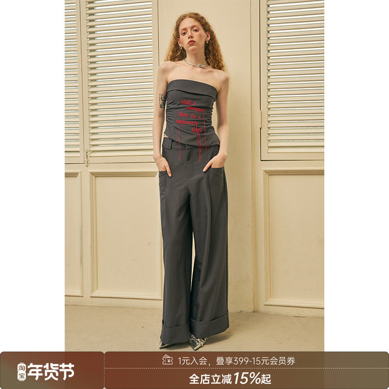 DIDDIMODA 流苏字母刺绣腰部抽褶条纹西装抹胸+长裤套装两件套,女装/女士精品,时尚套装,淘宝优惠券,粉丝福利购,淘宝优惠卷