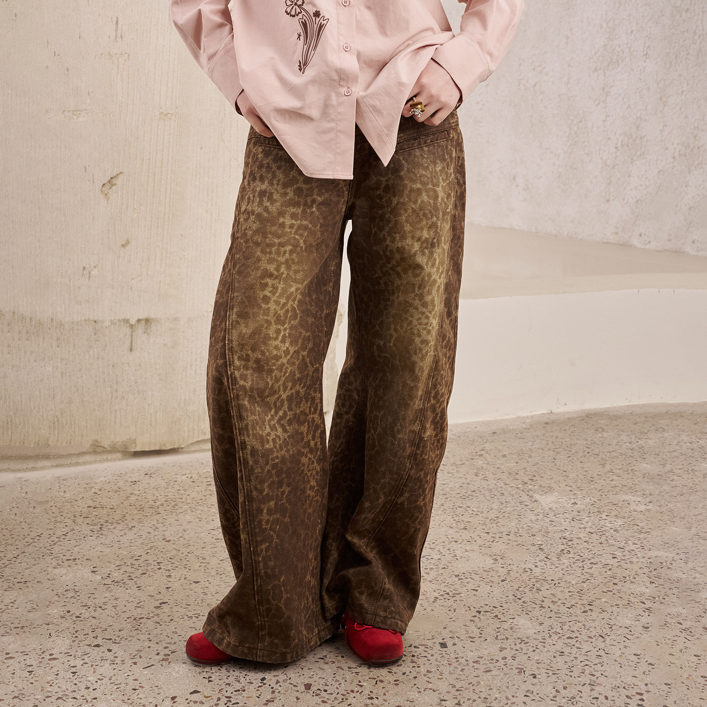 DIDDIMODA 豹纹分割直筒宽松阔腿裤牛仔裤裤子女士2025年秋季新款