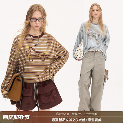 DIDDIMODA波点小马绳绣条纹宽松型圆领休闲长袖T恤女士