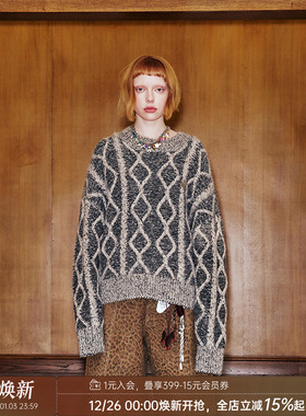 【清仓特惠】DIDDI MODA时尚绞花圆领上衣几何感秋冬长袖针织毛衣