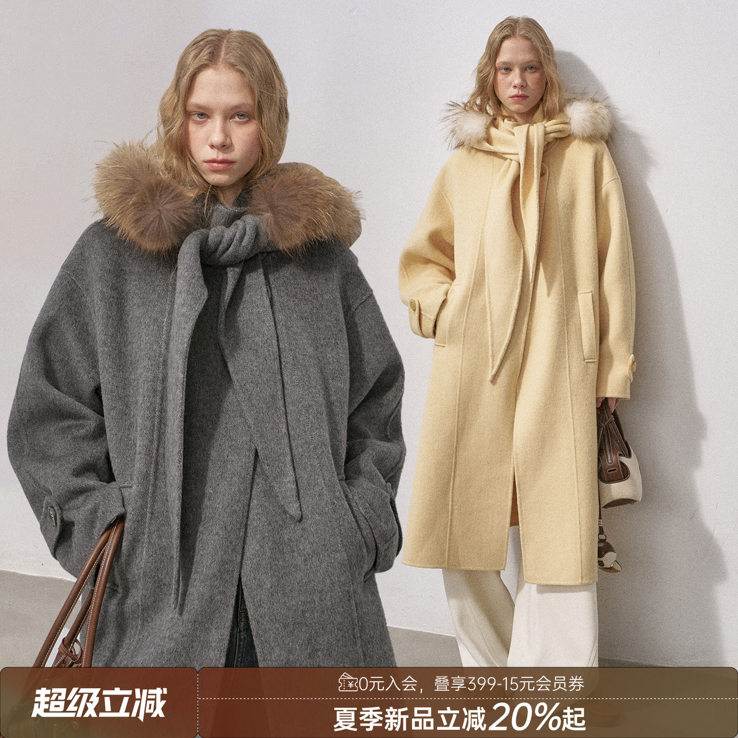 DIDDI MODA可拆卸真毛领连帽双面呢羊毛大衣女中长款毛呢斗篷外套