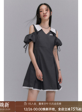 DIDDI 原创设计 泡泡袖镂空灰色连衣裙v领艺术美感显瘦短裙春夏款