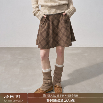 DIDDIMODA 分割毛呢格子半裙短裙A字伞裙冬季呢子半身裙