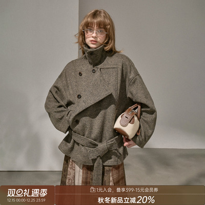 DIDDIMODA 翻领妮子羊毛混纺毛呢大衣女短款双排扣立领呢子大衣