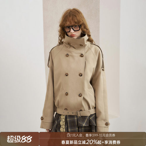 DIDDIMODA 拼色大双排扣立领防风宽松短款风衣外套春季新款