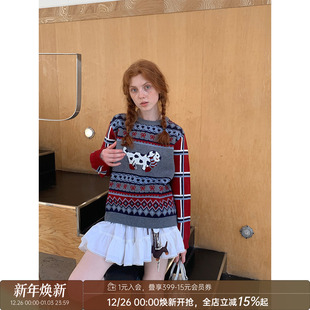 MODA撞色格纹费岛小狗绣圆领毛衣宽松上衣 DIDDI 清仓特惠