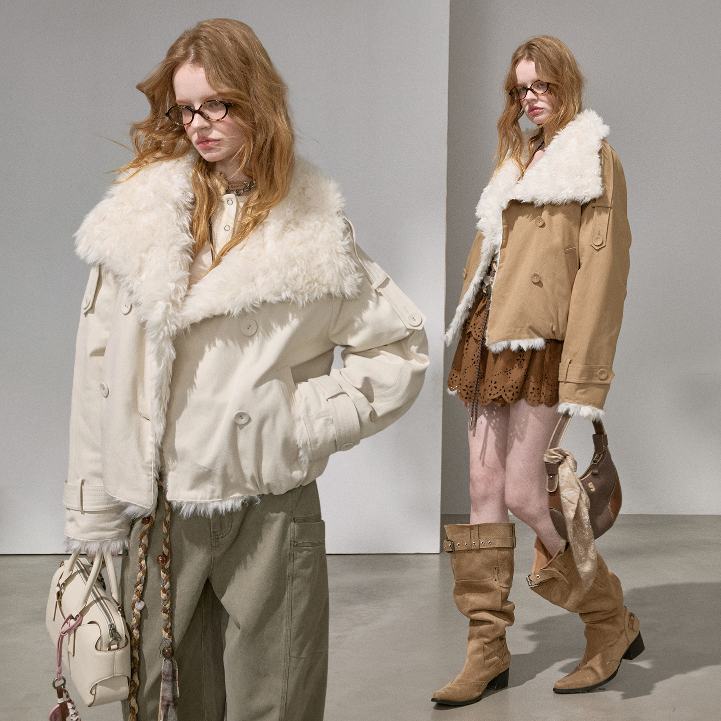 DIDDI MODA 翻领毛毛领双排扣巨好看的夹棉夹克外套棉服2025新款