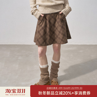DIDDIMODA 分割毛呢格子半裙短裙A字伞裙冬季呢子半身裙