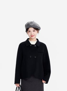 REST HEART 2024秋冬新品 翻领黑色羊绒短款大衣