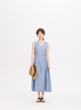 REST HEART 2025夏季新品 亚麻色织人字纹长款连衣裙