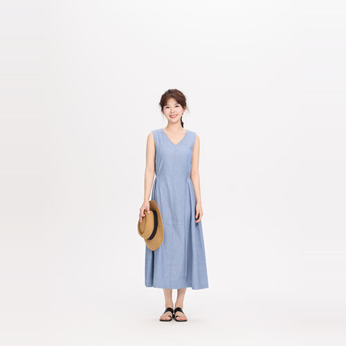 REST HEART 2025夏季新品 亚麻色织人字纹长款连衣裙
