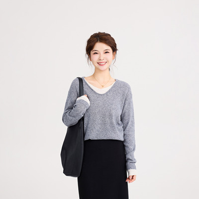 REST HEART 2025秋季新品 V领丝羊绒假两件氛围感毛衣上衣女