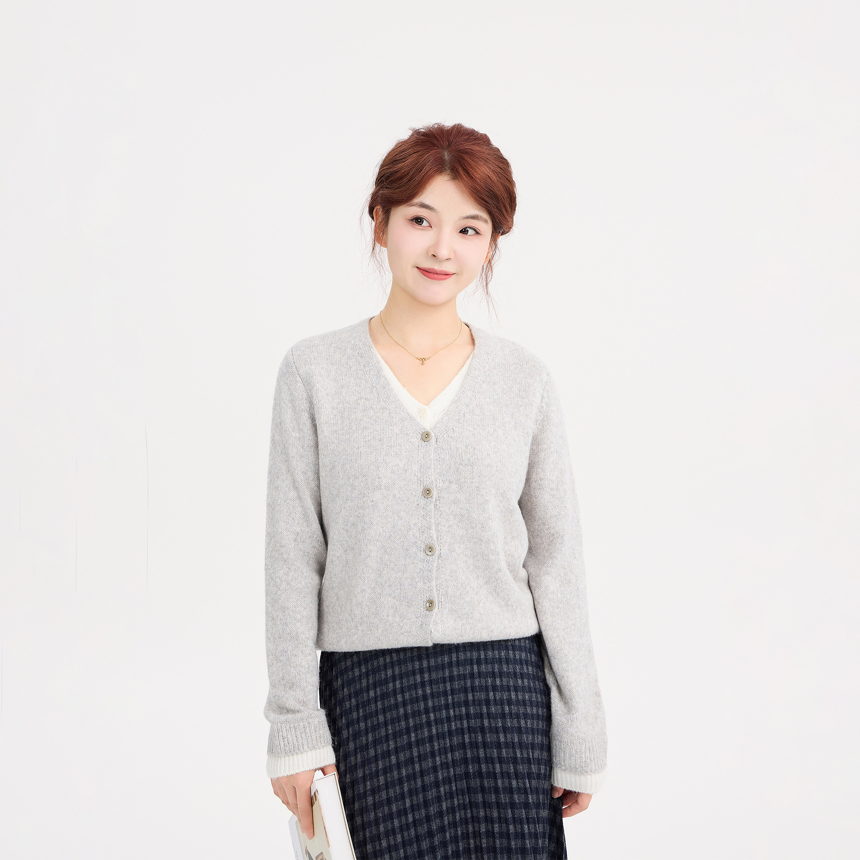 REST HEART 2025秋冬新品 V领樱花绒撞色假两件开衫