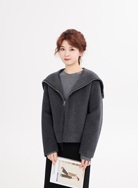 REST HEART 2025冬季新品 大翻领拉链针织短款羊毛大衣