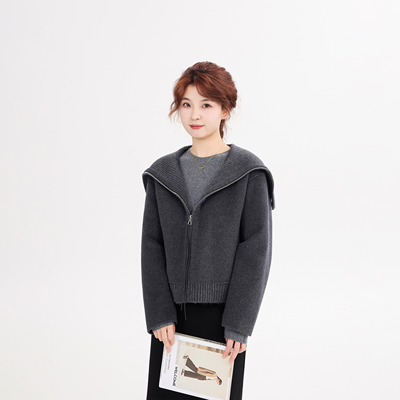 REST HEART 2025冬季新品 大翻领拉链针织短款羊毛大衣