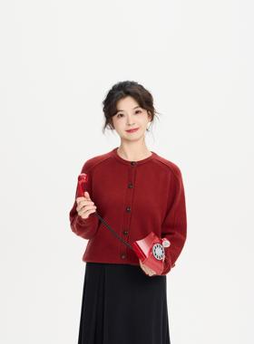 REST HEART 2024秋冬新品 圆领红色开衫上衣女