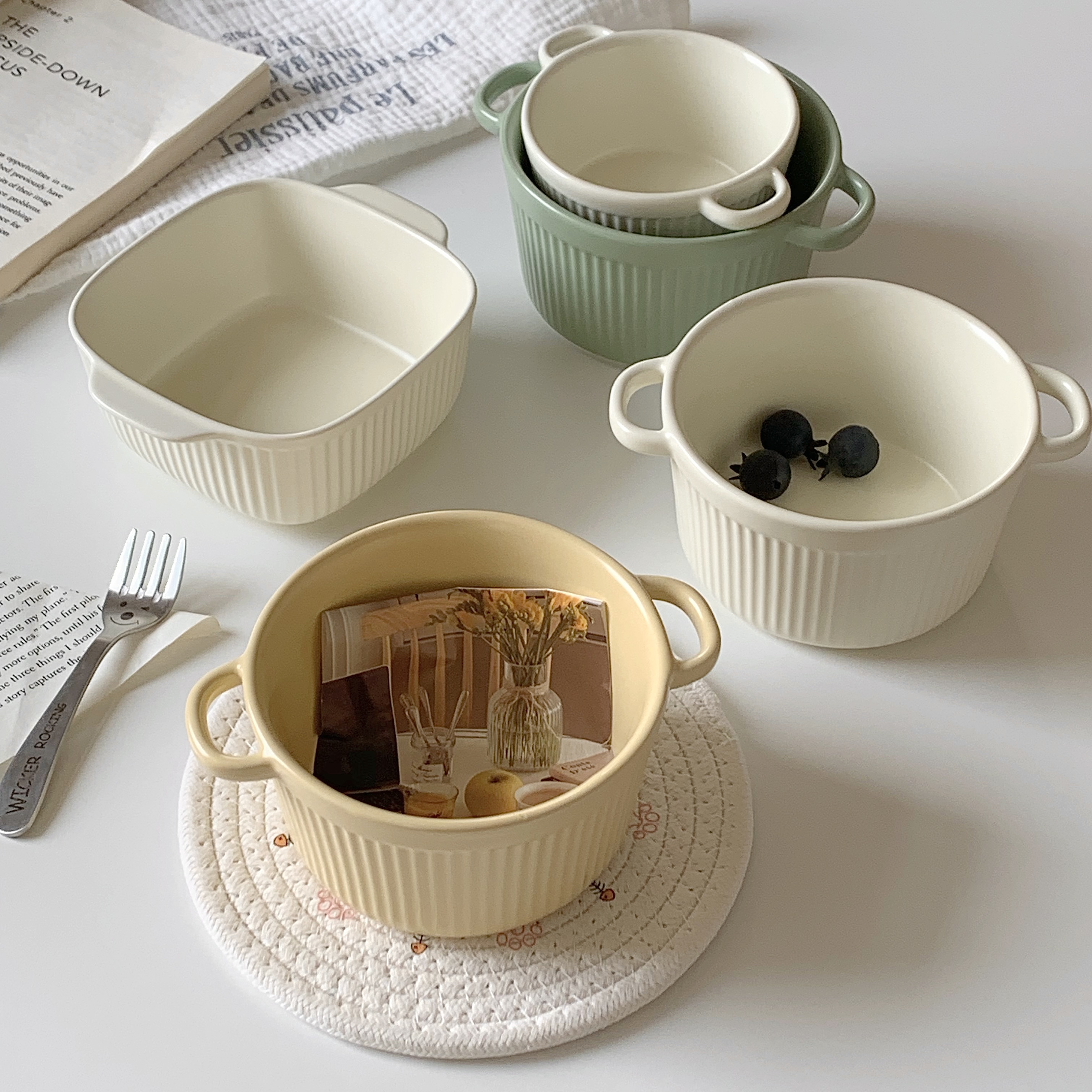 奶油风舒芙蕾烤碗家用双耳小碗空气炸锅专用碗烤箱陶瓷蒸蛋辅食碗