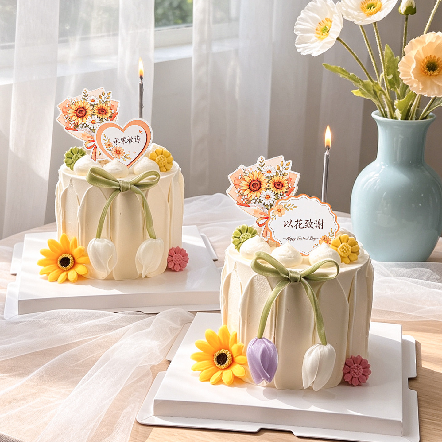 以花致谢承蒙教诲蛋糕装饰插牌2026教师节快乐郁金香花苞丝带插件
