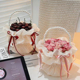 38女神节网红烘焙蛋糕装饰唯美车厘子花束配件褶皱围边丝带插件