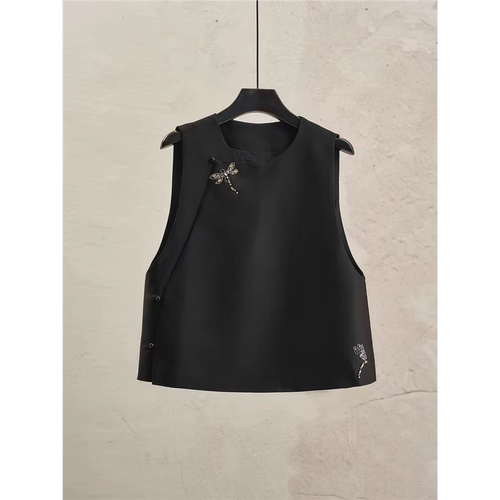 新中式黑色马甲银线刺绣背心