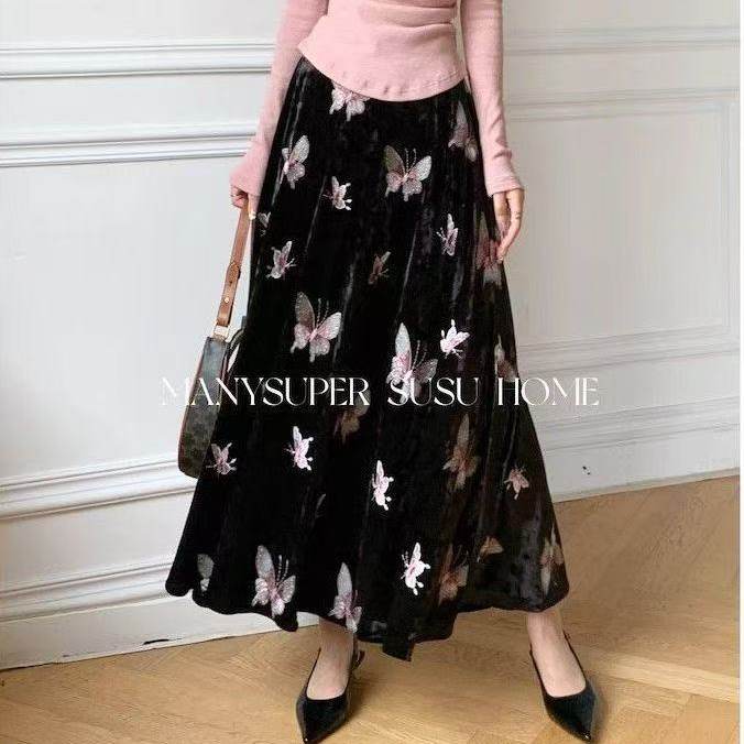 2025秋冬法式小众新款彩色重工刺绣【缤纷蝴蝶】丝绒A字半身裙女,女装/女士精品,半身裙,淘宝优惠券,粉丝福利购,淘宝优惠卷