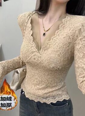秋冬加绒V领蕾丝网纱保暖衬衫女