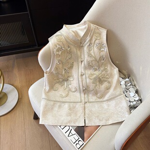 2026新中式上衣马夹女春夏装重工珠管绣花小个子短款国风马甲女