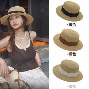 日系uv夏季 沙滩帽平优雅绑带草编小礼帽子 防晒草帽女平顶遮阳时尚