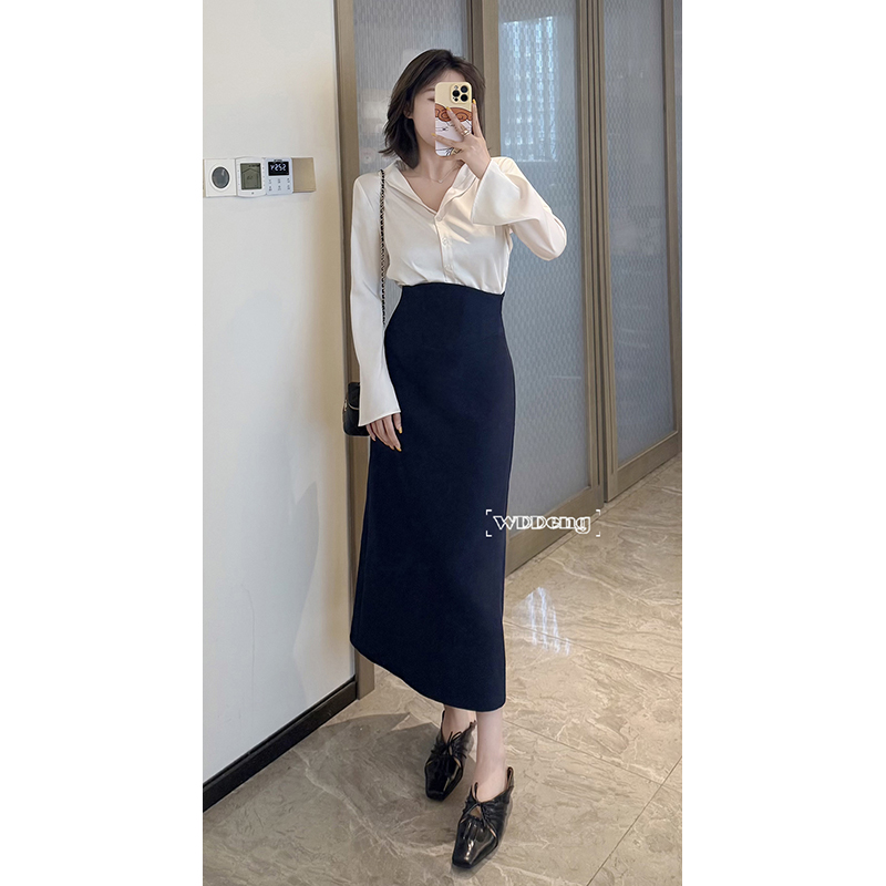 哑光缎面长袖衬衫半身裙套装