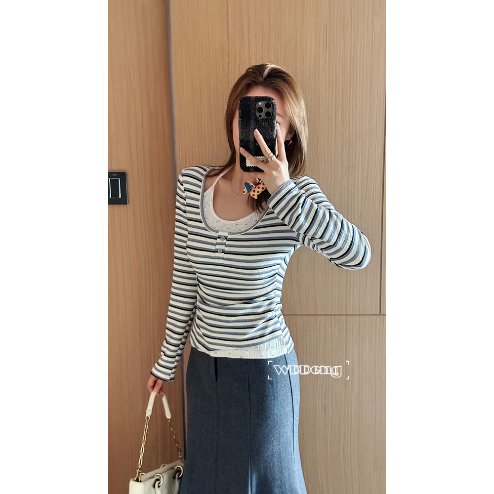 王等等 心动涩谷 2025秋冬原创条纹感假两件修身针织衫U225S19538