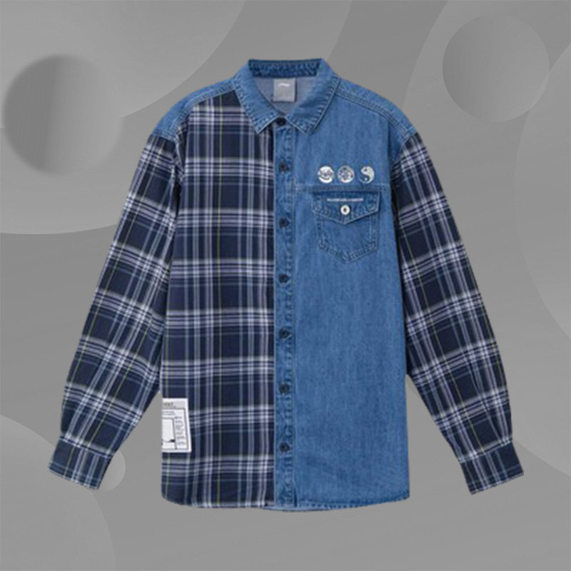 李宁同款外套男秋季衬衫新款拼接格子牛仔外套潮ASHR087