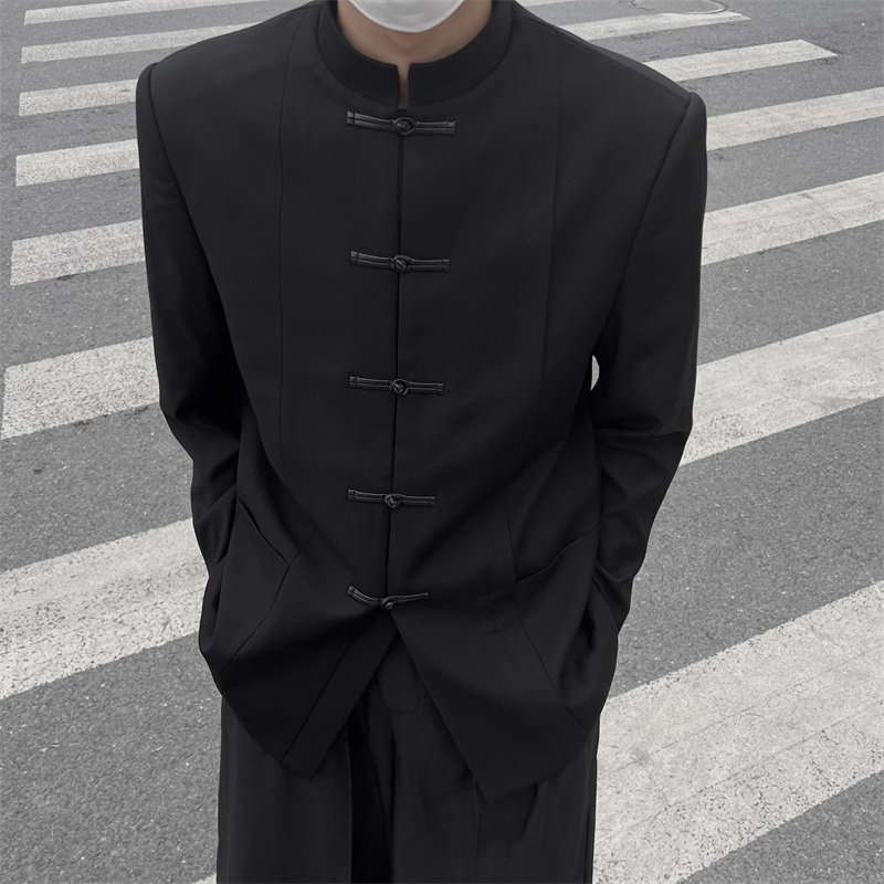 高端新中式休闲套装男士秋季盘扣中山装痞帅立领中国风西装上衣服