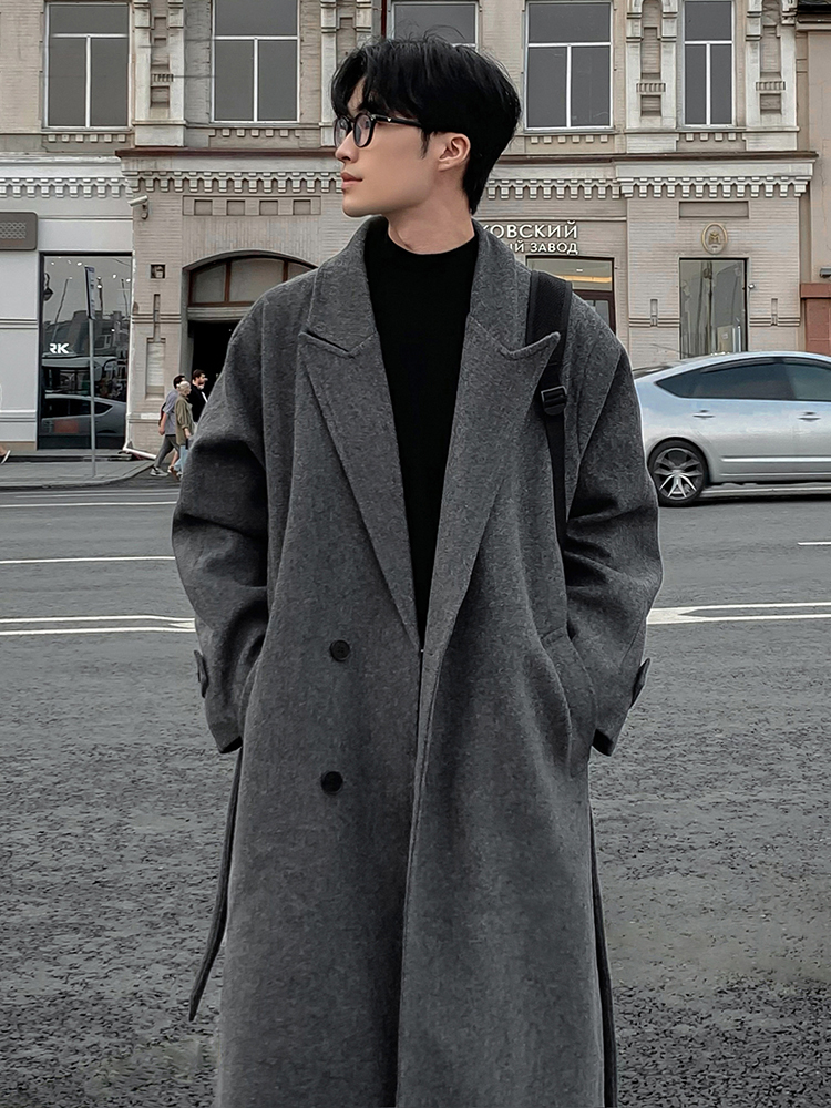 2025秋冬季毛呢大衣男夹棉加厚宽松休闲过膝风衣中长款高级感外套