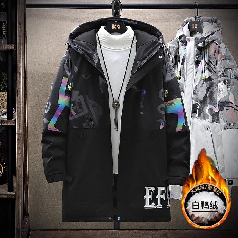 羽绒服男中长款2023新款冬季轻薄款宽松帅气大码加厚保暖防寒外套