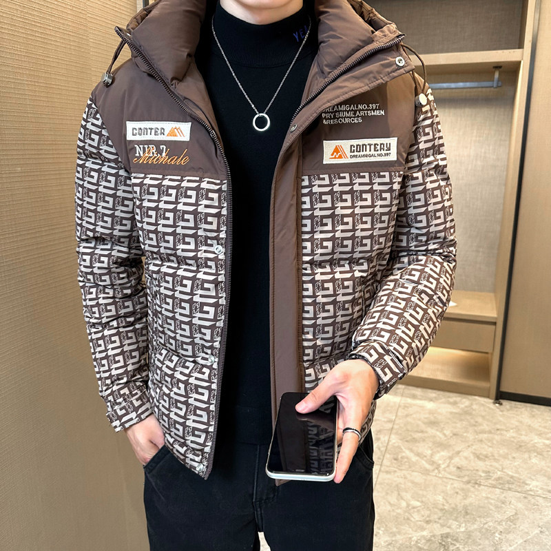 轻奢羽绒服男连帽轻薄潮牌冬季2023修身短款拼接加厚保暖冬装外套