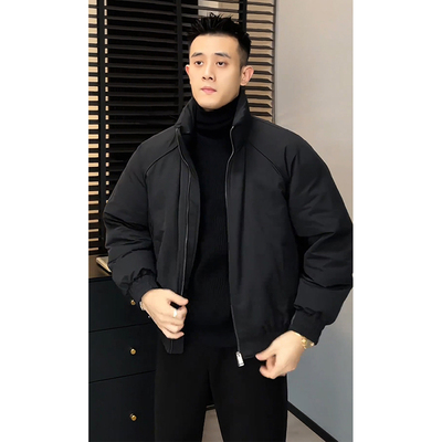2025轻奢黑色廓形短款羽绒服男士秋冬白鸭绒飞行夹克棉服保暖外套