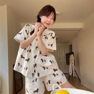 宽松短裤 夏季 开衫 腊肠犬印花短袖 家居服 睡衣女
