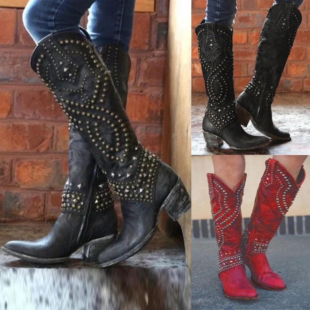 跨境外贸秋冬女士铆钉长筒靴粗跟中跟40-43大码铆钉高筒女靴boots