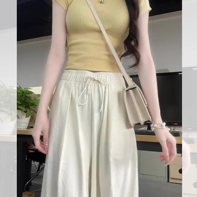 黄色修身针织冰丝短袖正