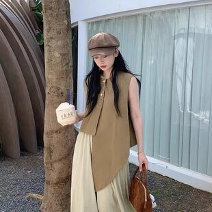 設計感洋氣寬松百搭上衣女闊腿褲 套裝 新款 夏季 法式 不規(guī)則背心襯衫
