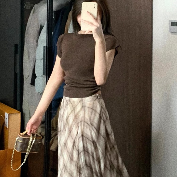 咖色小飞袖短袖绑带露背