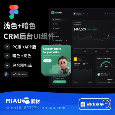 Figma界面CRM后台管理系统仪表盘PC+APP暗色浅色UI组件图标60页+