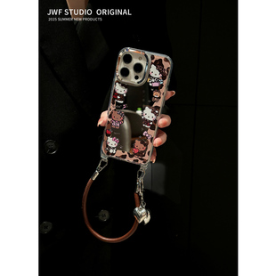 高级感化妆镜秋冬豹纹适用苹果17promax斜挎手机壳iphone16promax镜面14挂绳网红15promax链条13Pro女软套12