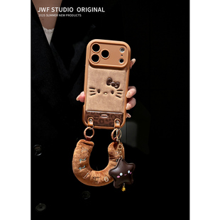 ins秋冬适用苹果17promax斜挎手机壳16pro棕皮纹iphone15promax秋冬保暖14软13大视窗新款软全包女防摔保护套