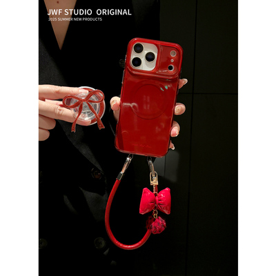 苹果17promax酒红蝴蝶结新款斜挎