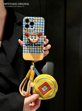 小清新格纹女孩支架适用苹果16promax斜挎手机壳iPhone15pro耳机包13/17promax手提14挂绳13pro套12软11女plu