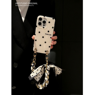 日韩波点适用16Promax手机壳斜挎苹果iPhone14promax小众手提手腕丝巾高级感17Pro女15promax网红13女保护套