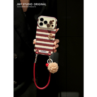 ins风复古条纹立体咖啡豆适用iPhone17promax大视窗斜挎手机壳苹果16ProMax酒红15秋冬14pro女13软保护套17皮