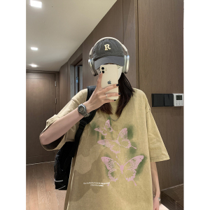 2025夏季女士学生t恤宽松短袖男港风水洗短袖男XS006-P3558图片